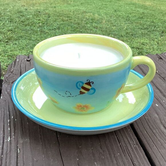 Bee Teacup Candle • Fresh Bamboo • Premium Wax • Repurposed Cup & Saucer - Picture 1 of 4